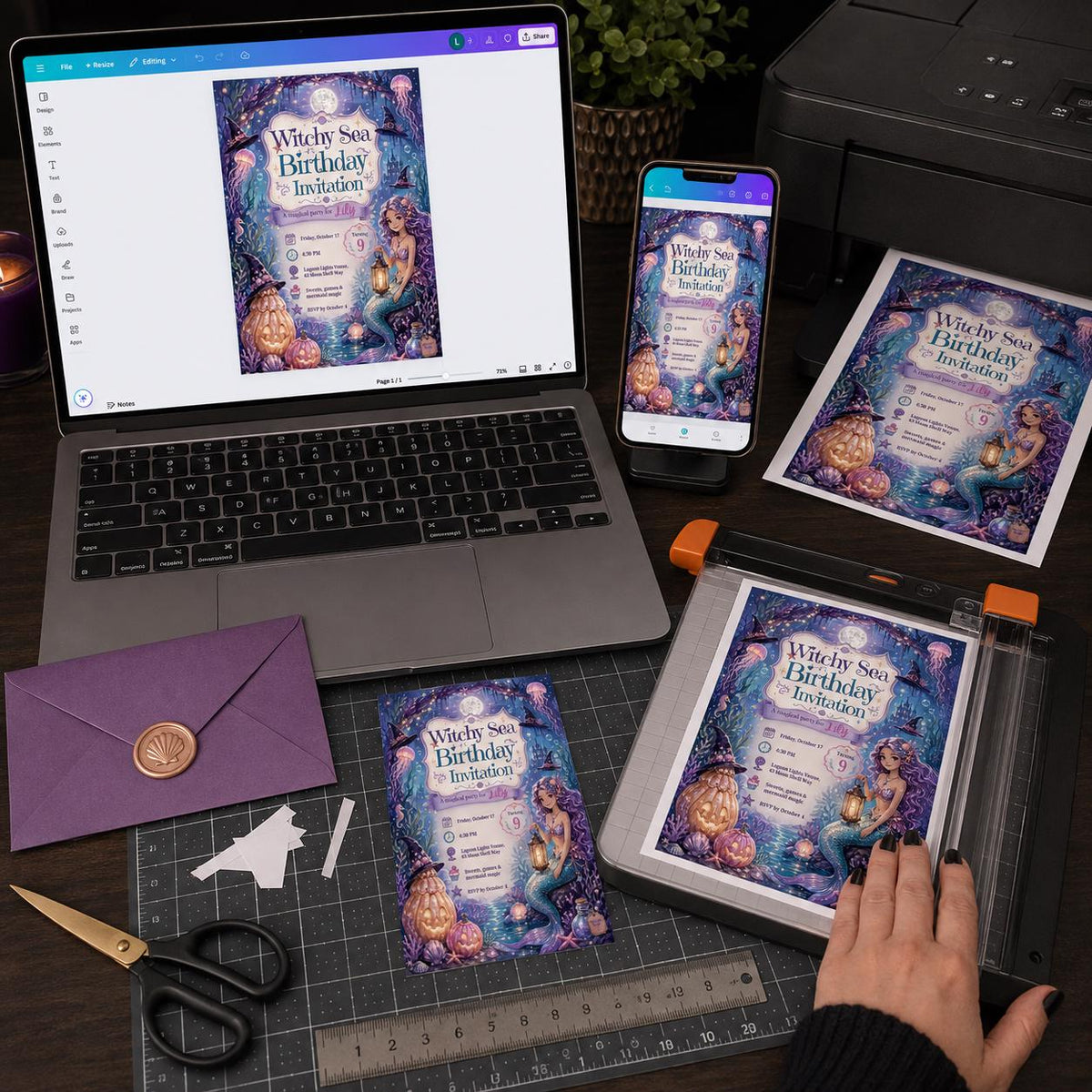 Mermaid Sea Witch Birthday Invitation for Girls — print-ready birthday party design from VoltBy