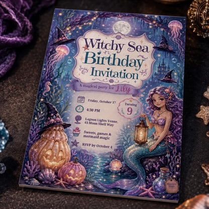 Mermaid Sea Witch Birthday Invitation for Girls — digital invitation, instant download