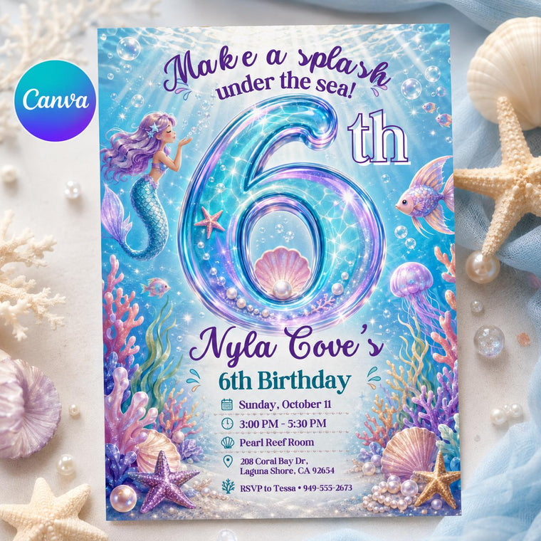 Mermaid Under the Sea 6th Birthday Invitation