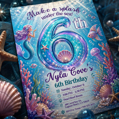 Mermaid Under the Sea 6th Birthday Invitation — ocean design