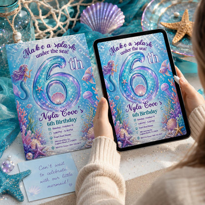 Mermaid Under the Sea 6th Birthday Invitation — invitation you personalize in Canva