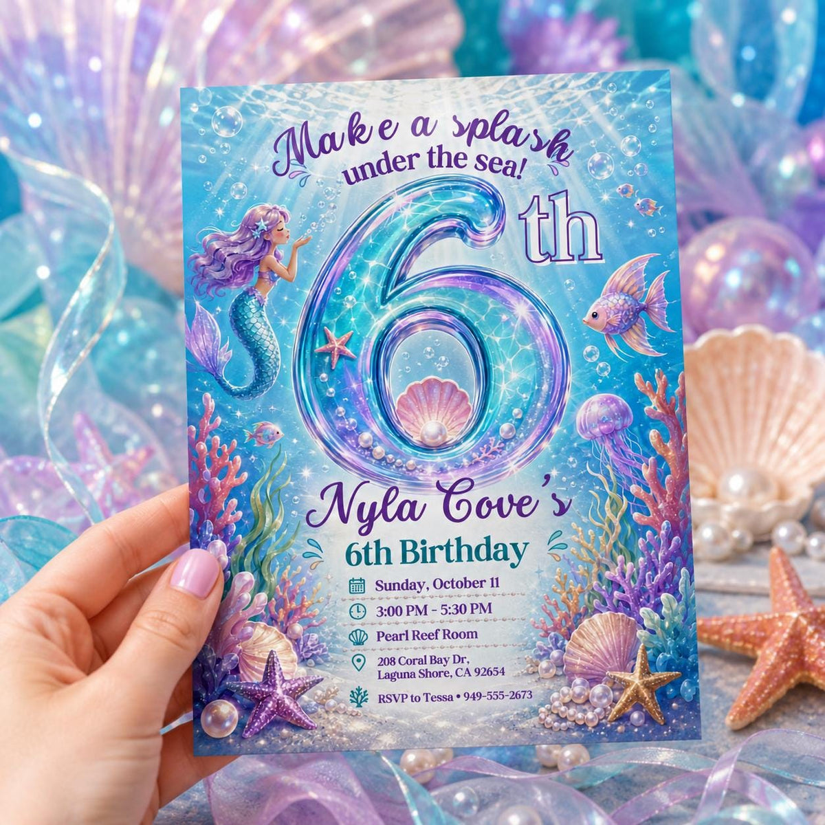 Mermaid Under the Sea 6th Birthday Invitation — print-ready 6th birthday party design from VoltBy