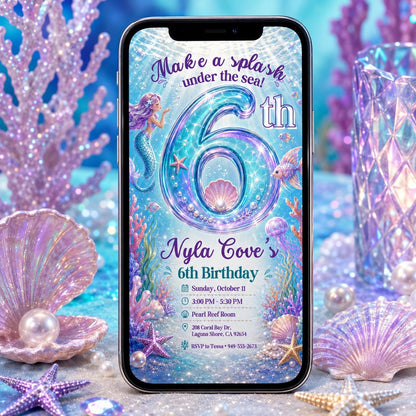 Mermaid Under the Sea 6th Birthday Invitation — digital invitation, instant download