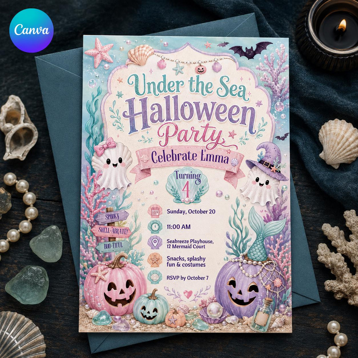Mermaid Under the Sea Halloween 4th Birthday Invitation — editable Canva template