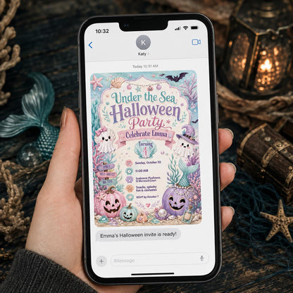 Mermaid Under the Sea Halloween 4th Birthday Invitation — ghost design