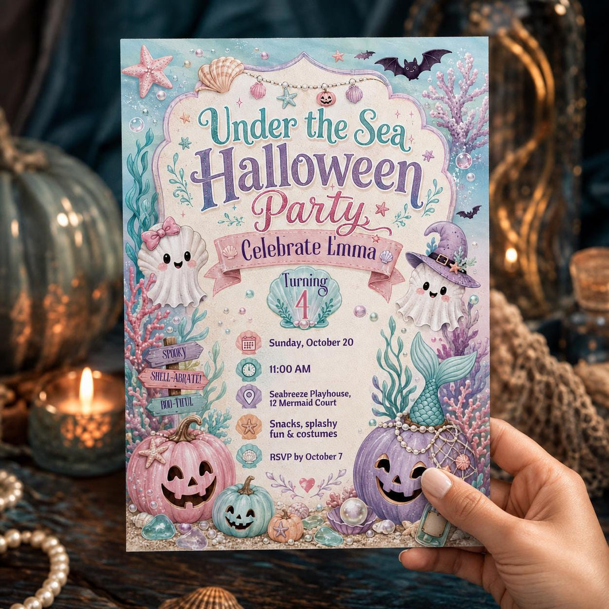 Mermaid Under the Sea Halloween 4th Birthday Invitation — invitation you personalize in Canva