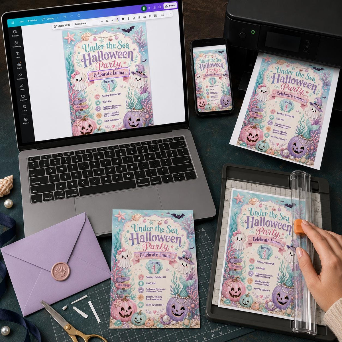 Mermaid Under the Sea Halloween 4th Birthday Invitation — print-ready 4th birthday party design from VoltBy