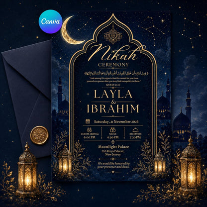 Midnight Blue Celestial Nikah Invitation — editable Canva template