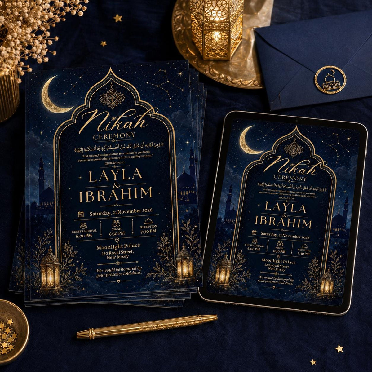 Midnight Blue Celestial Nikah Invitation in gold and navy
