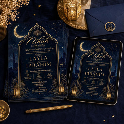 Midnight Blue Celestial Nikah Invitation in gold and navy