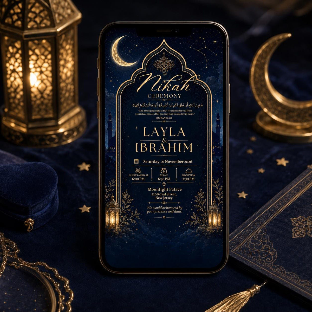 Midnight Blue Celestial Nikah Invitation — lantern design