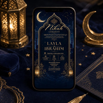 Midnight Blue Celestial Nikah Invitation — lantern design