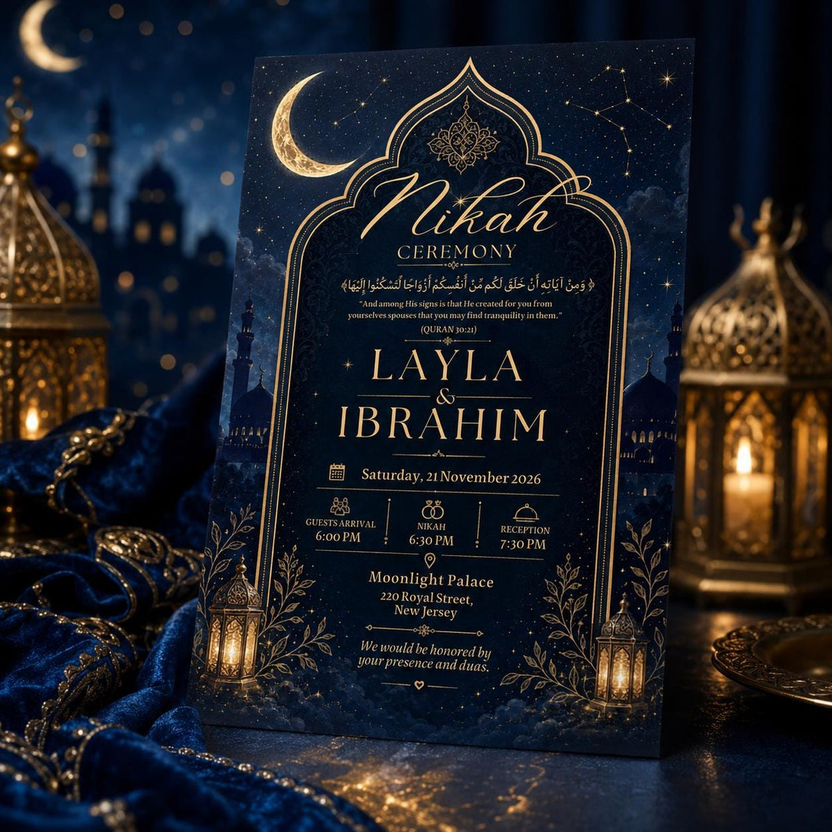 Midnight Blue Celestial Nikah Invitation — invitation you personalize in Canva