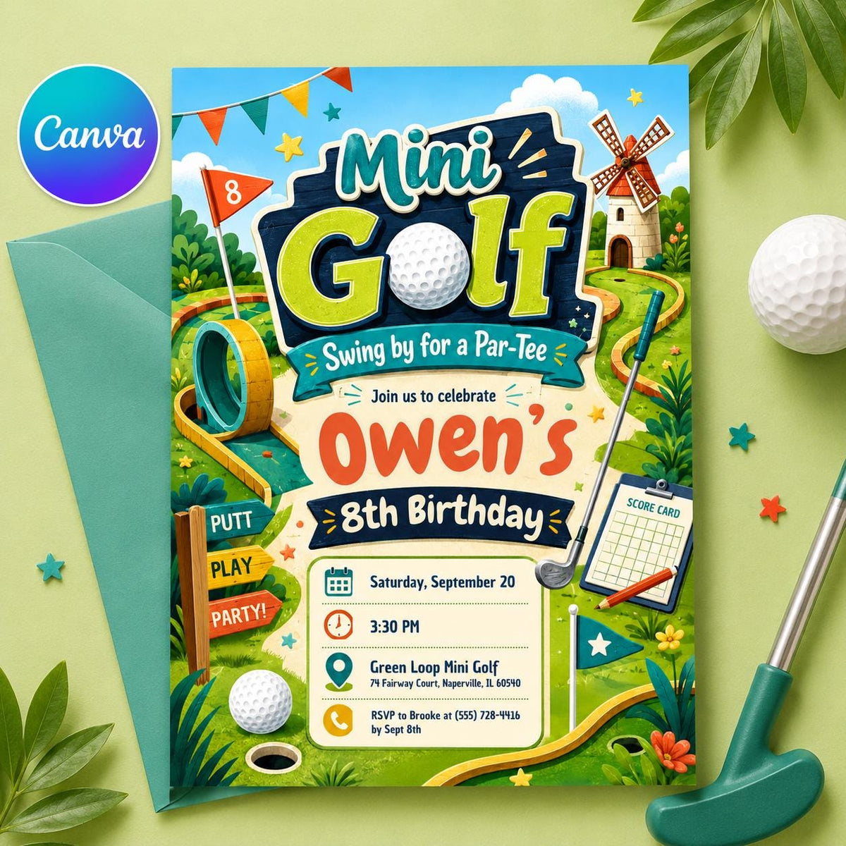 Mini Golf Birthday Invitation: Let's Par Tee for Girls — editable Canva template