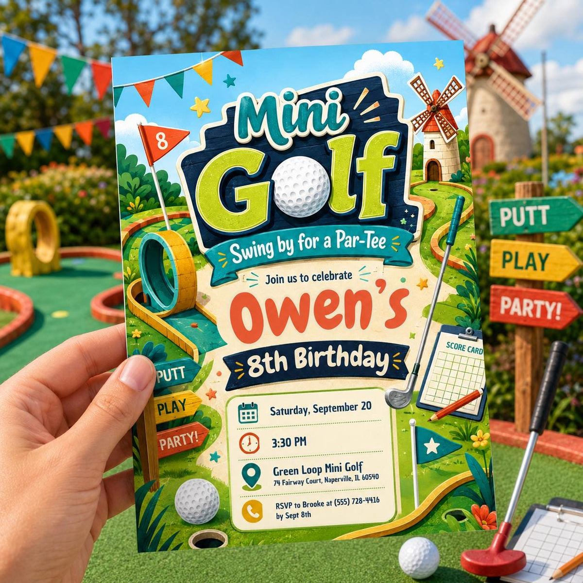 Mini Golf Birthday Invitation: Let's Par Tee for Girls — print-ready birthday party design from VoltBy