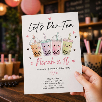 Minimal Boba Par-Ten Birthday Invitation — tea design