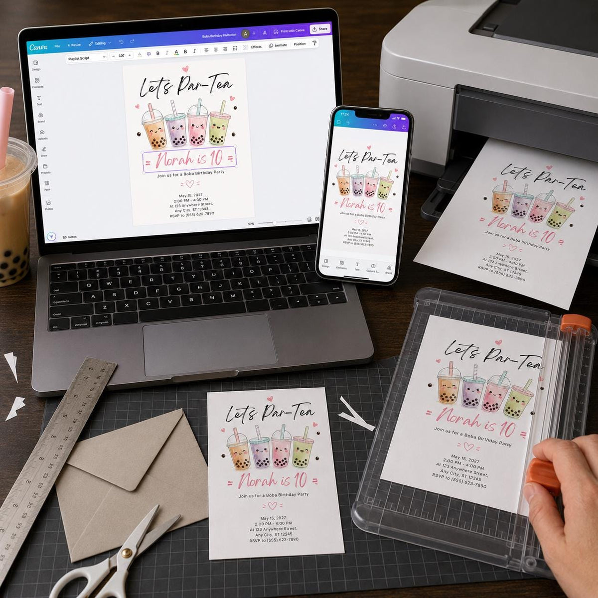 Minimal Boba Par-Ten Birthday Invitation — invitation you personalize in Canva