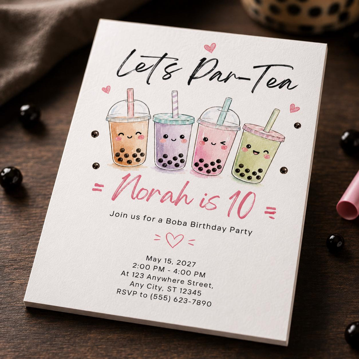 Minimal Boba Par-Ten Birthday Invitation — minimalist 10th birthday party design