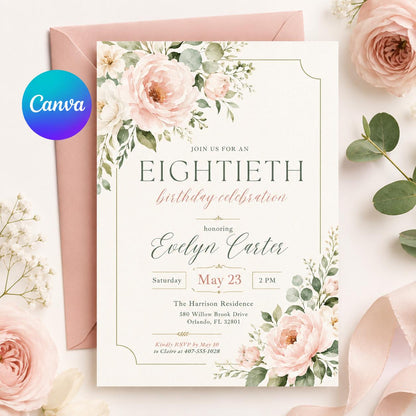 Minimal Floral 80th Birthday Invitation — editable Canva template