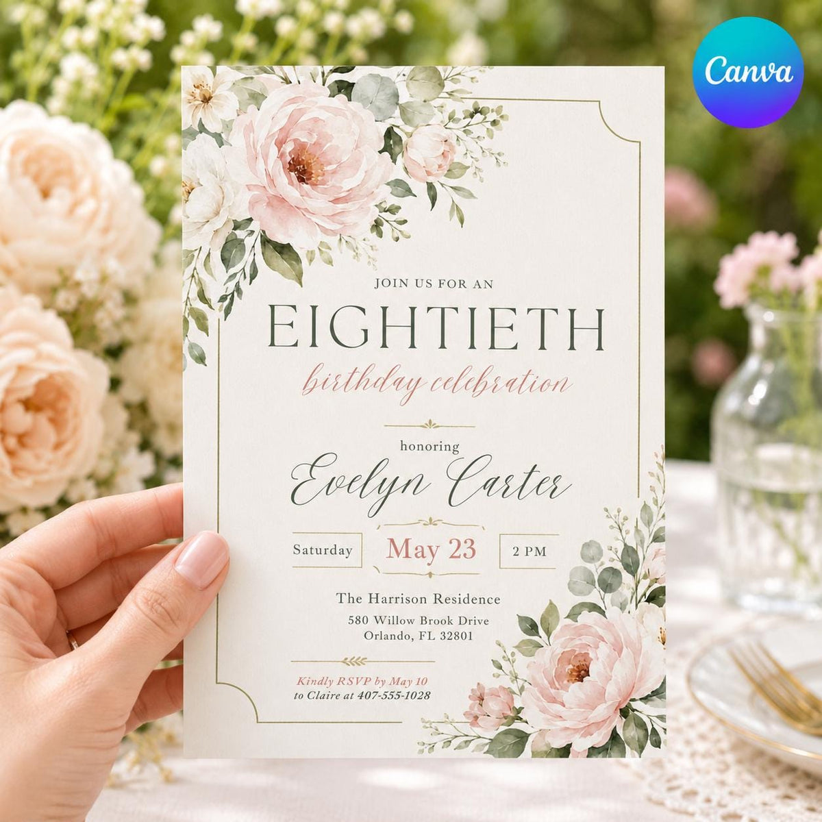 Minimal Floral 80th Birthday Invitation in green and pink
