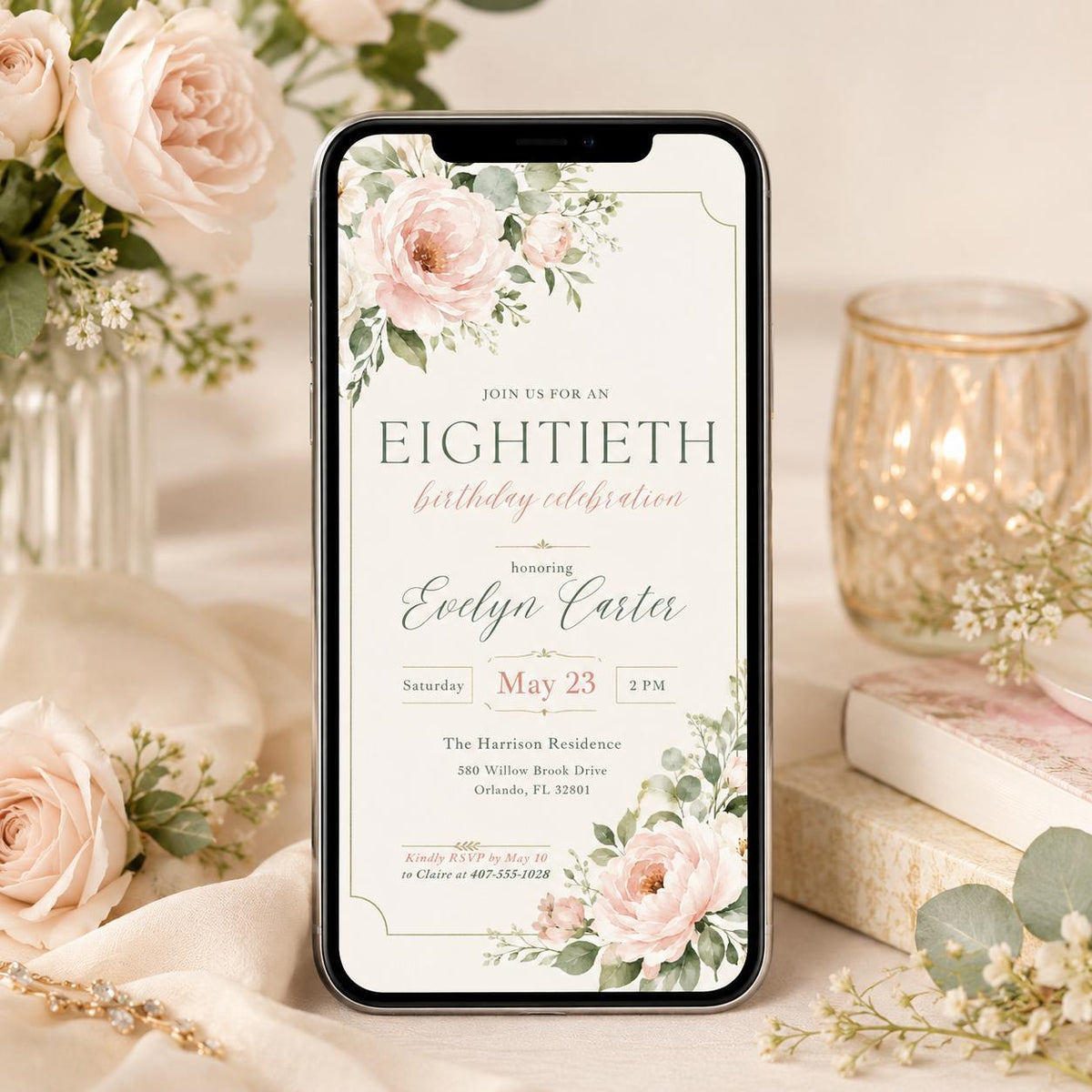 Minimal Floral 80th Birthday Invitation — invitation you personalize in Canva