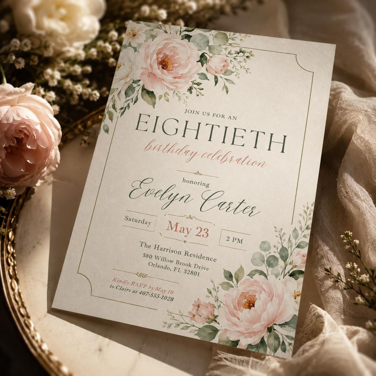 Minimal Floral 80th Birthday Invitation — print-ready 80th birthday party design from VoltBy