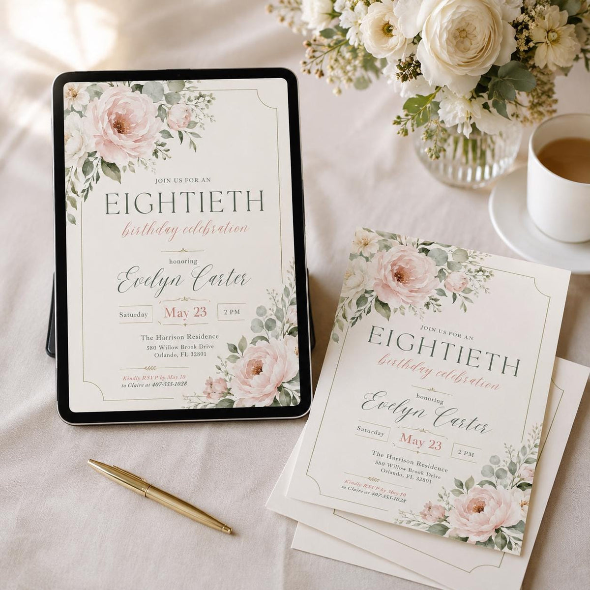 Minimal Floral 80th Birthday Invitation — digital invitation, instant download