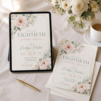 Minimal Floral 80th Birthday Invitation — digital invitation, instant download