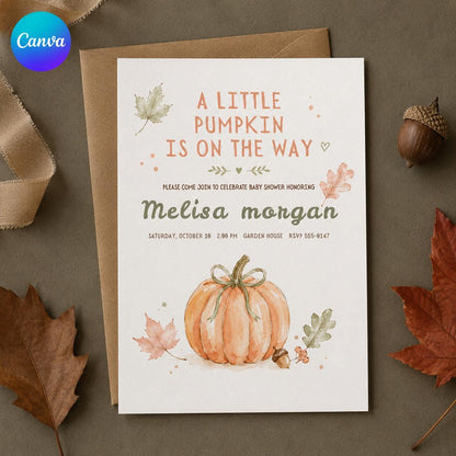 Minimal Little Pumpkin Baby Shower Invitation — editable Canva template