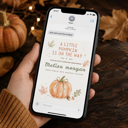 Minimal Little Pumpkin Baby Shower Invitation in cream and green