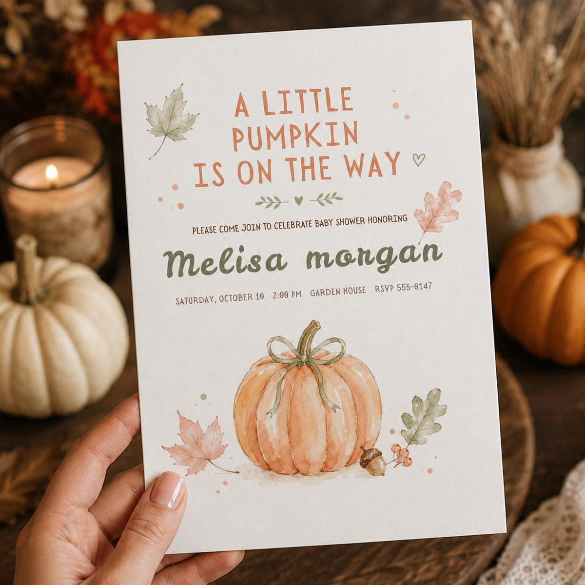 Minimal Little Pumpkin Baby Shower Invitation — bow and leaf design