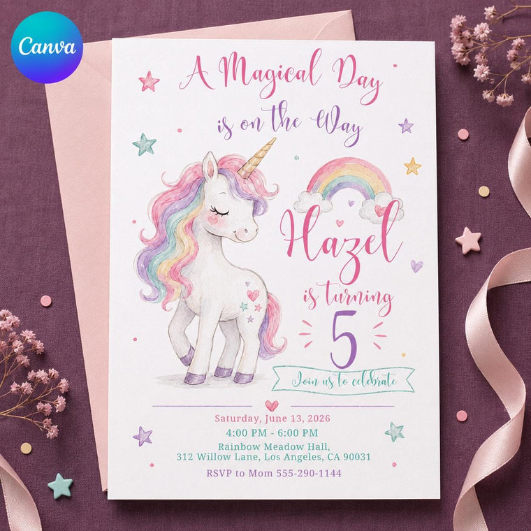 Minimal Watercolor Unicorn 5th Birthday Invitation