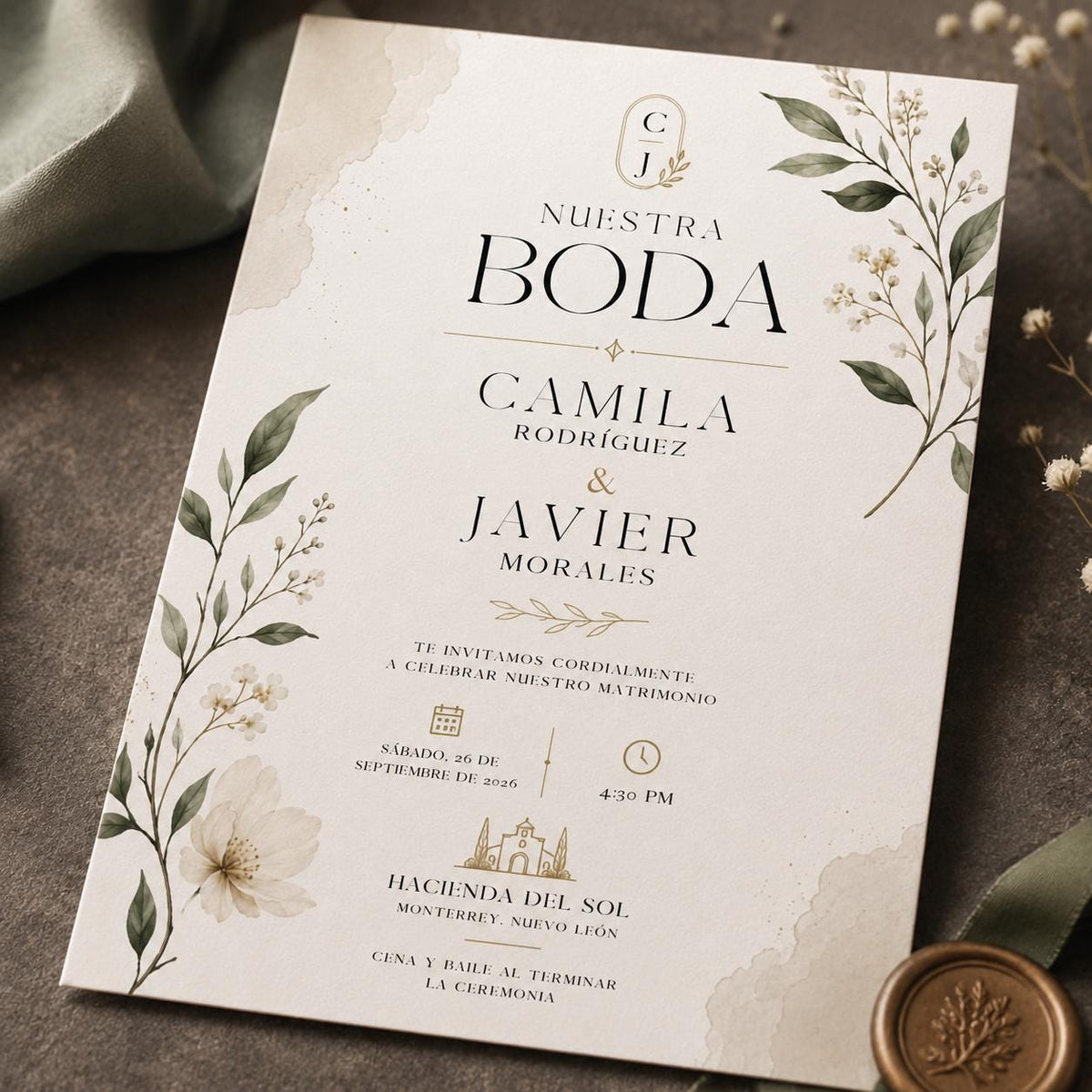 Minimalist Botanical Spanish Wedding Invitation — greenery design