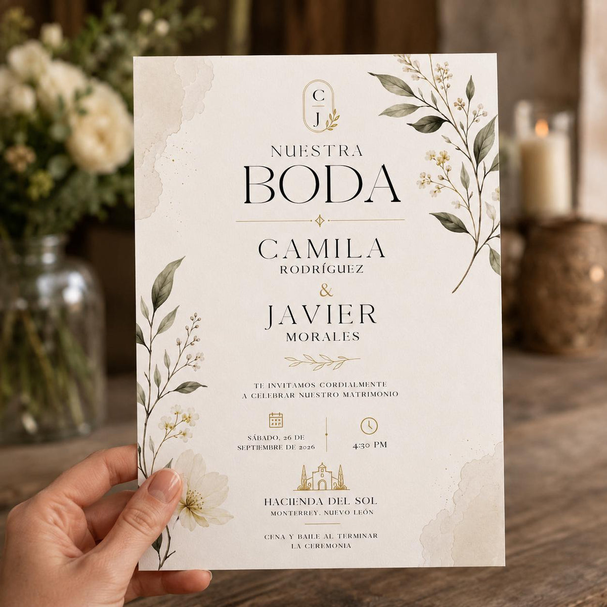Minimalist Botanical Spanish Wedding Invitation — invitation you personalize in Canva