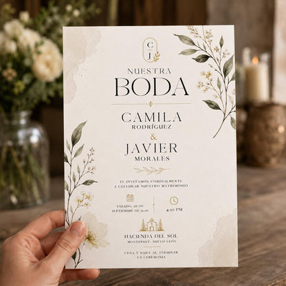 Minimalist Botanical Spanish Wedding Invitation — invitation you personalize in Canva