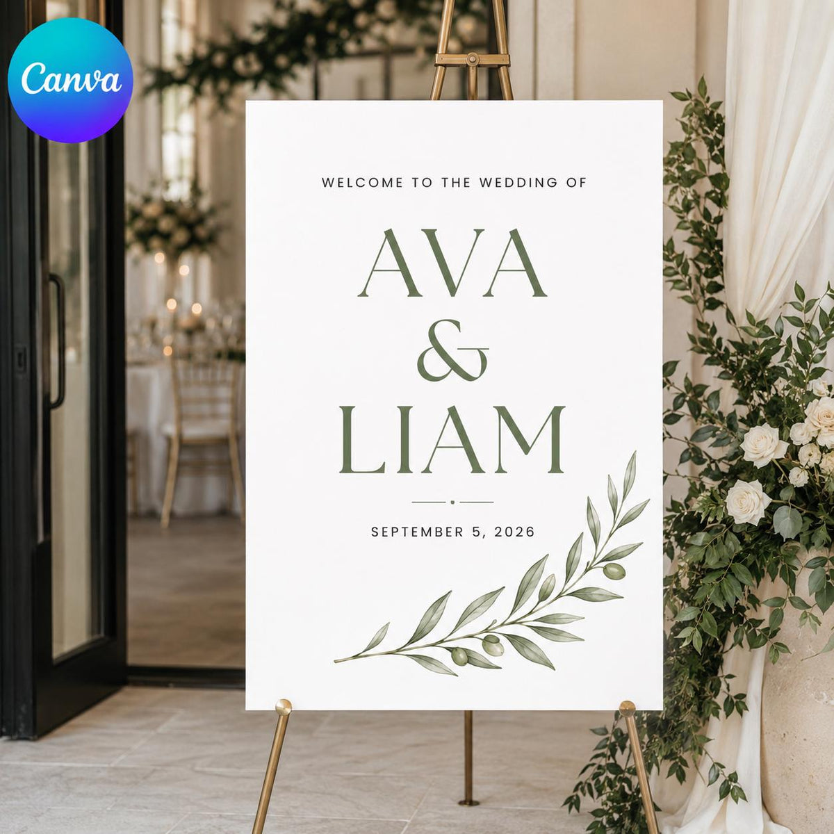 Minimalist Botanical Wedding Welcome Sign — editable Canva template