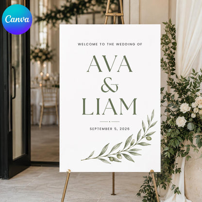 Minimalist Botanical Wedding Welcome Sign — editable Canva template