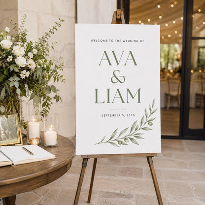 Minimalist Botanical Wedding Welcome Sign — greenery and olive branch design