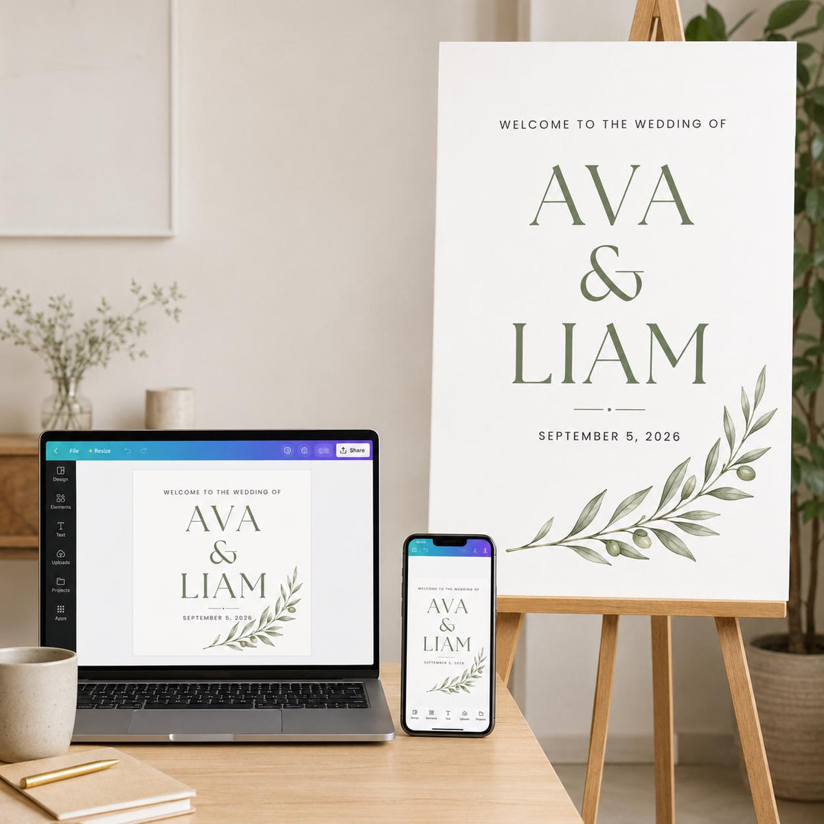 Minimalist Botanical Wedding Welcome Sign — welcome sign you personalize in Canva