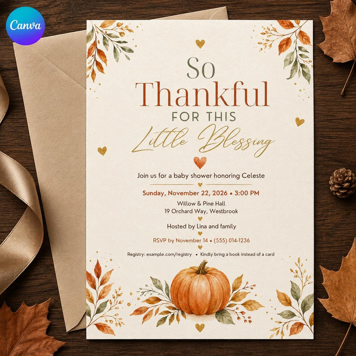 Minimalist Fall Baby Shower Invitation — editable Canva template