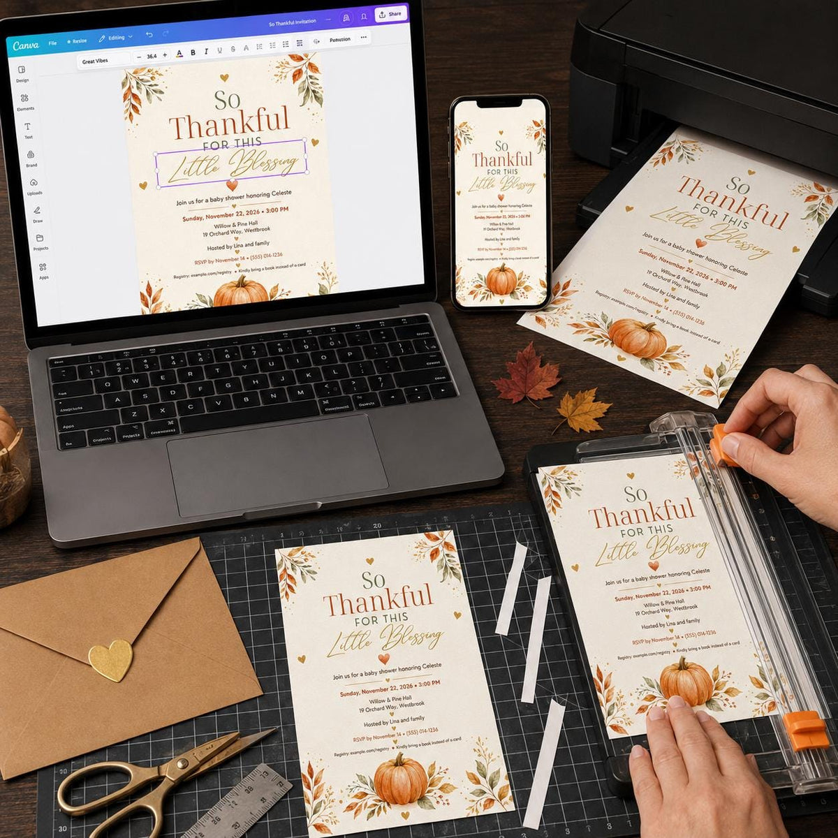 Minimalist Fall Baby Shower Invitation — pumpkin design