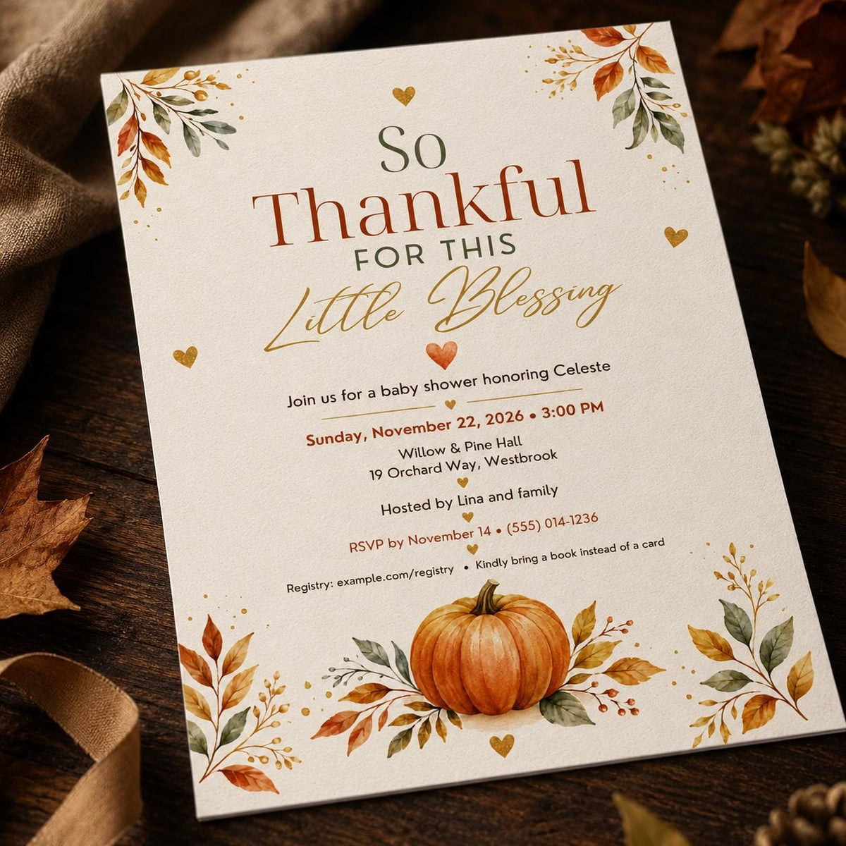Minimalist Fall Baby Shower Invitation — invitation you personalize in Canva