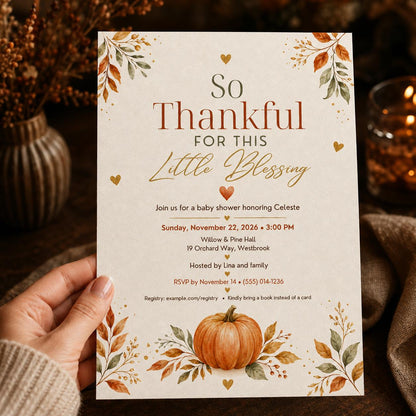 Minimalist Fall Baby Shower Invitation — print-ready baby shower design from VoltBy