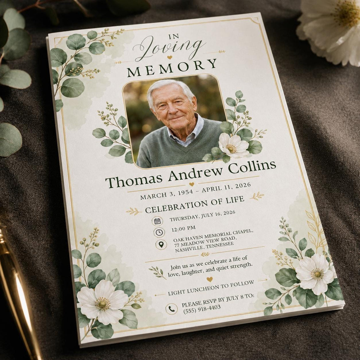 Minimalist Floral Celebration of Life Invitation — invitation you personalize in Canva