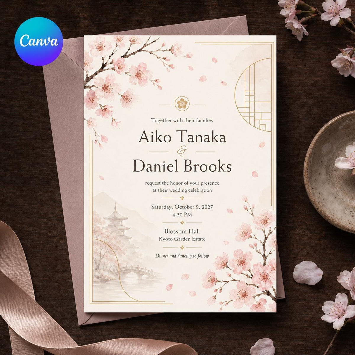 Minimalist Floral Cherry Blossom Wedding Invitation — editable Canva template