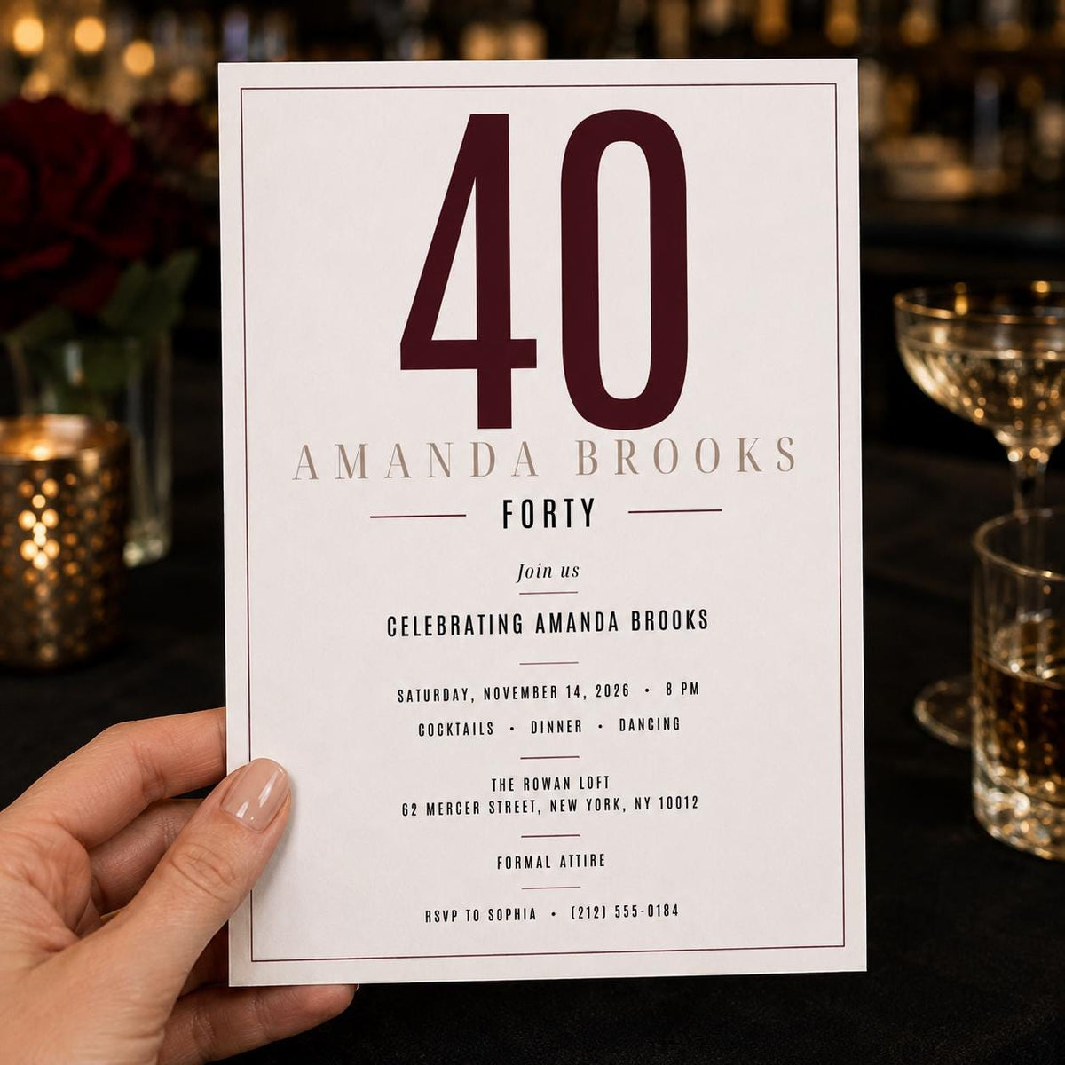 Minimalist Modern 40th Birthday Invitation for Women — elegant 40th birthday party design