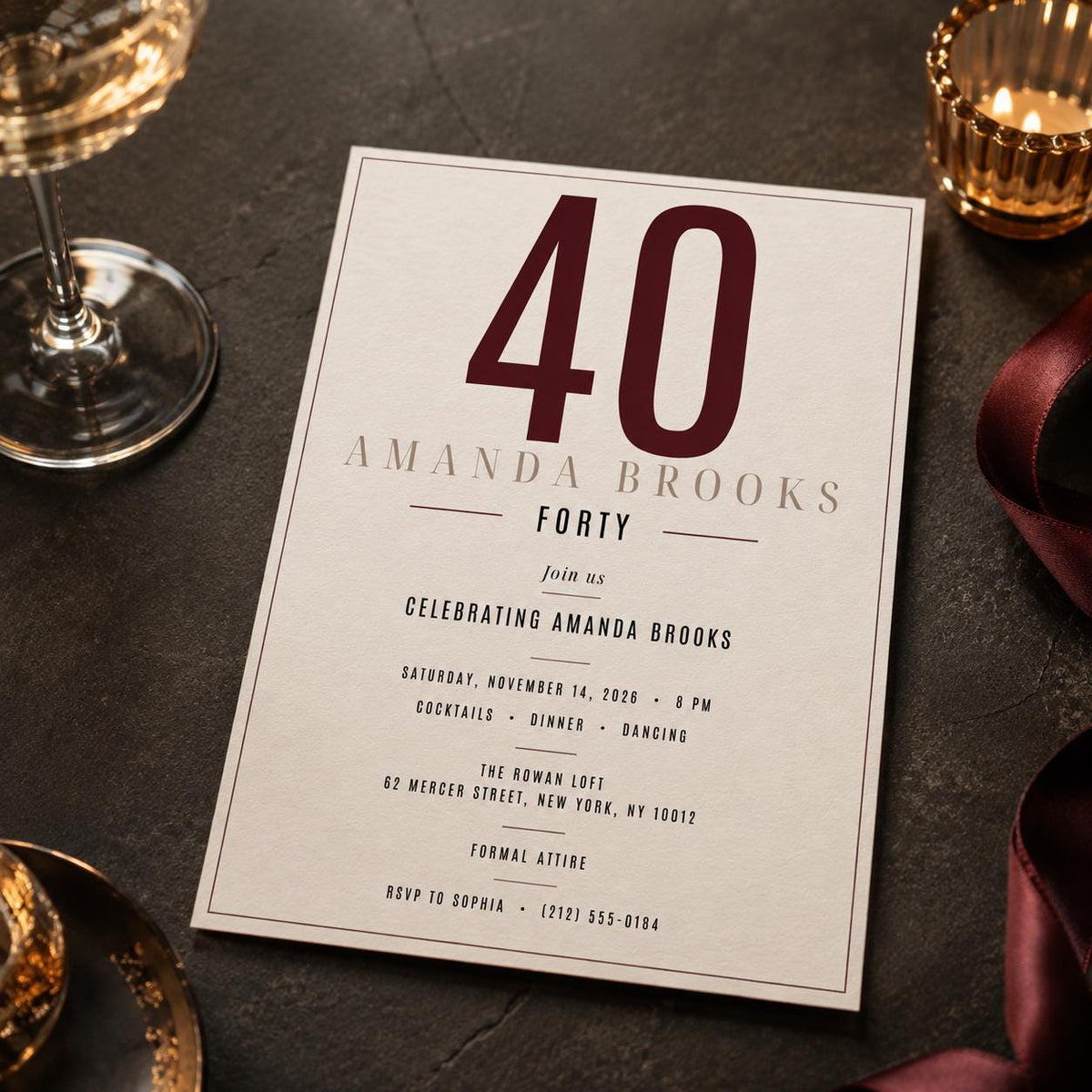 Minimalist Modern 40th Birthday Invitation for Women — digital invitation, instant download