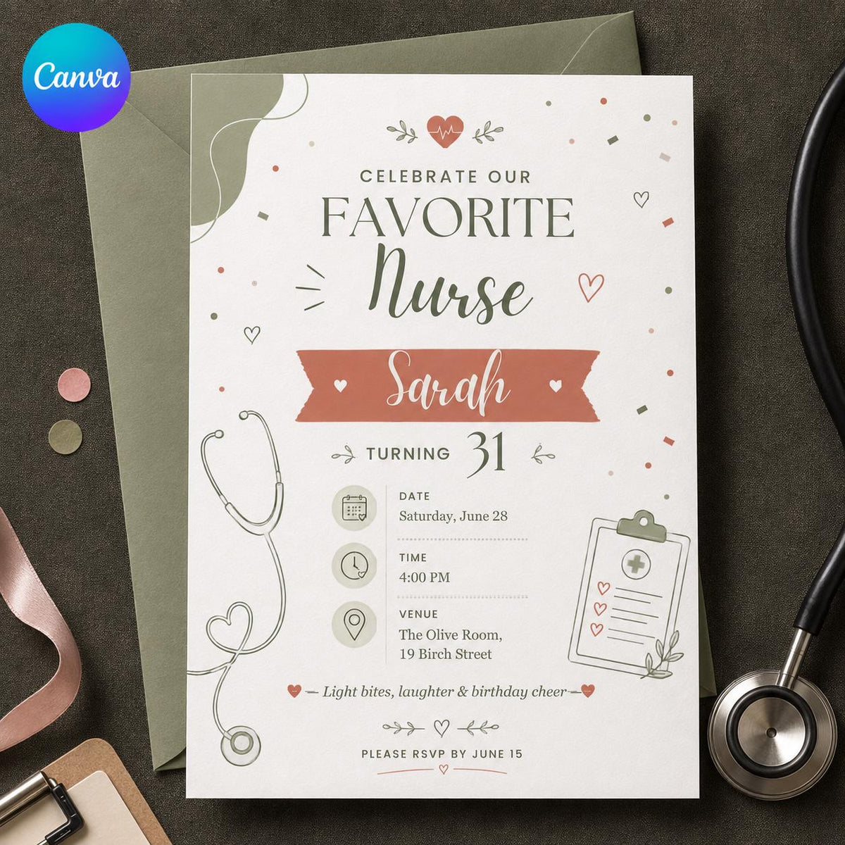 Minimalist Modern Nurse Birthday Invitation — editable Canva template