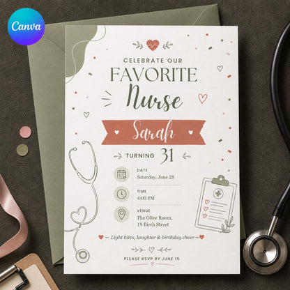 Minimalist Modern Nurse Birthday Invitation — editable Canva template