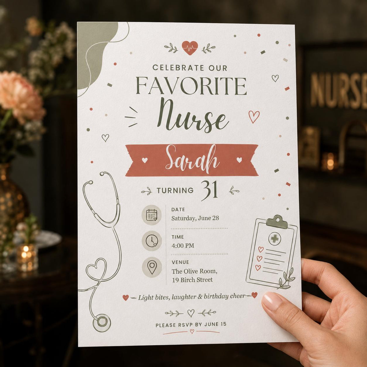 Minimalist Modern Nurse Birthday Invitation — print-ready birthday party design from VoltBy